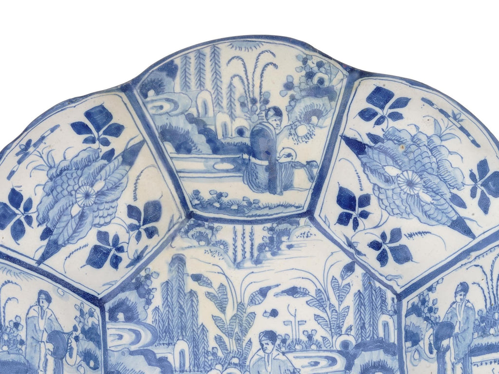 Antique 17th Century Kraak Ceramics, Large Blue And White Charger Plate With Lobulated Design, Germany Circa 1680s In A Chinoiserie Style