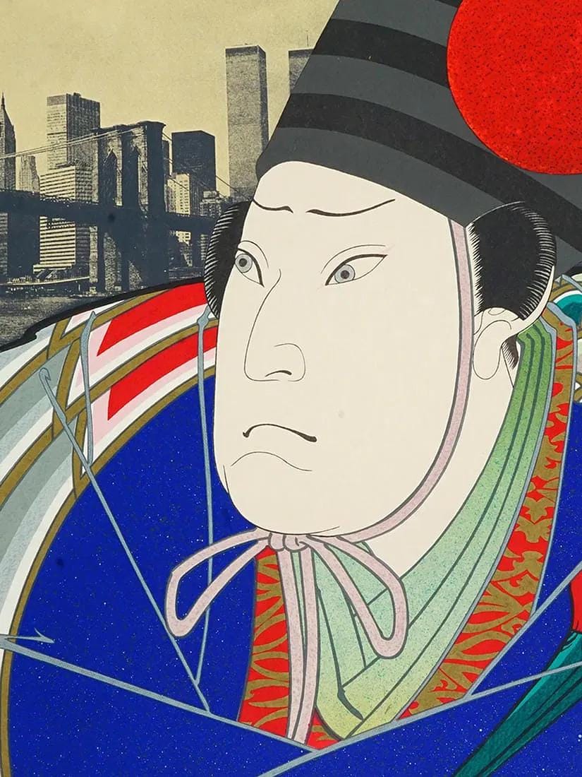 Japanese Shogun In Brooklyn Bridge NYC, A 1979 Color Serigraph Large Print By Michael Jay Knigin, American Contemporary Art