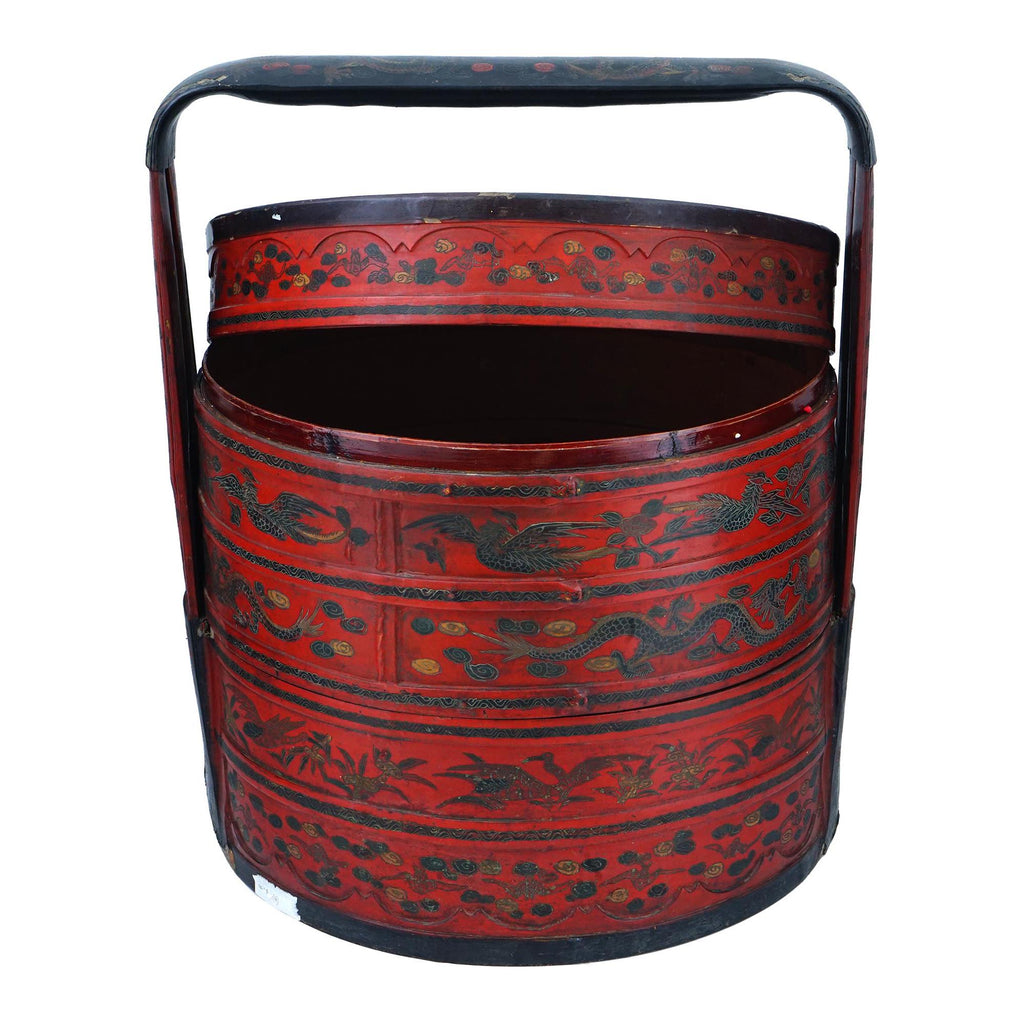 Antique Late 1800s Qing Dynasty Chinese Rice Bucket, Wooden Picnic Red Basket, Wedding Gifts, Hamper With Top Lid, Dry Food Nuts Container