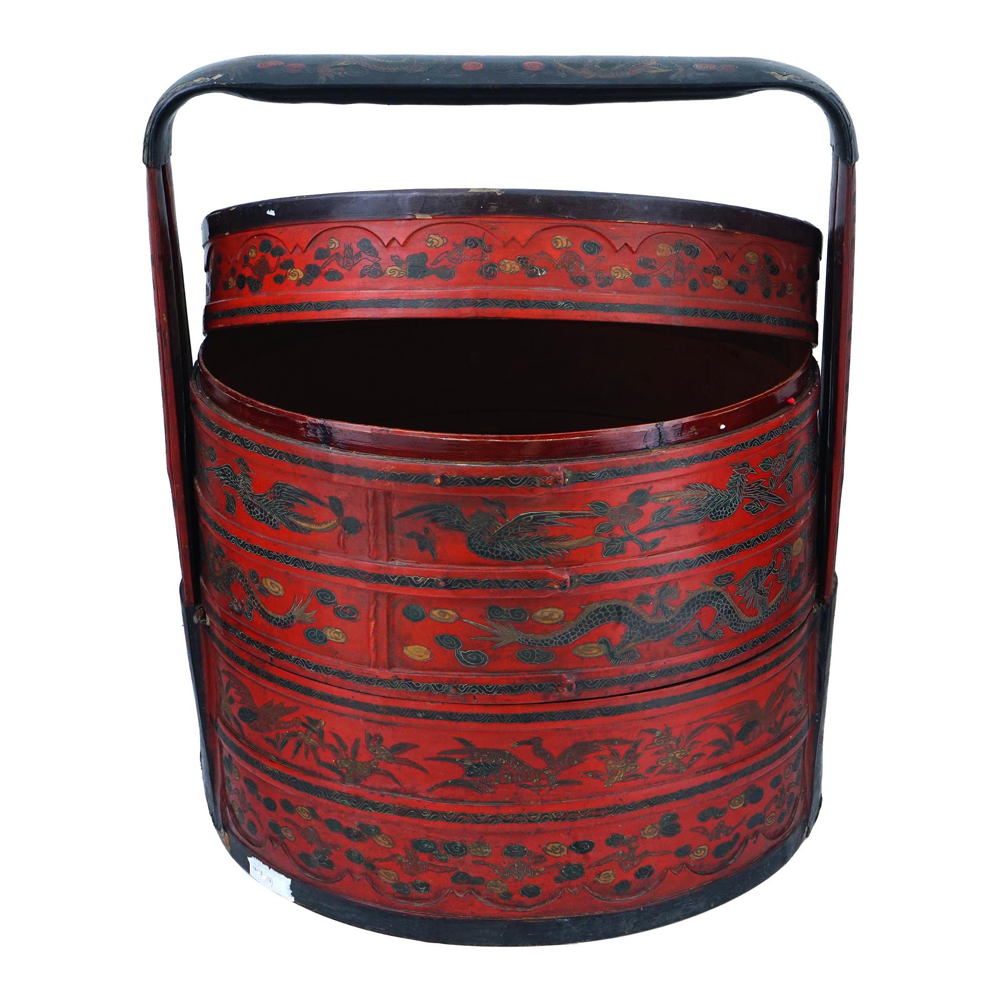 Antique Late 1800s Qing Dynasty Chinese Rice Bucket, Wooden Picnic Red Basket, Wedding Gifts, Hamper With Top Lid, Dry Food Nuts Container