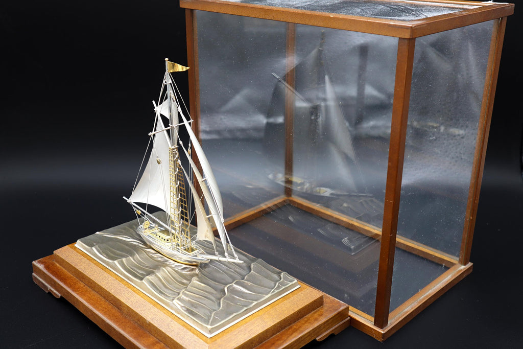 Handmade And Finely Detailed Sterling 960 Silver Model Of A Sailing Ship, Sports Boat Sculpture By Japanese Artist Silversmith Seki Takehiko