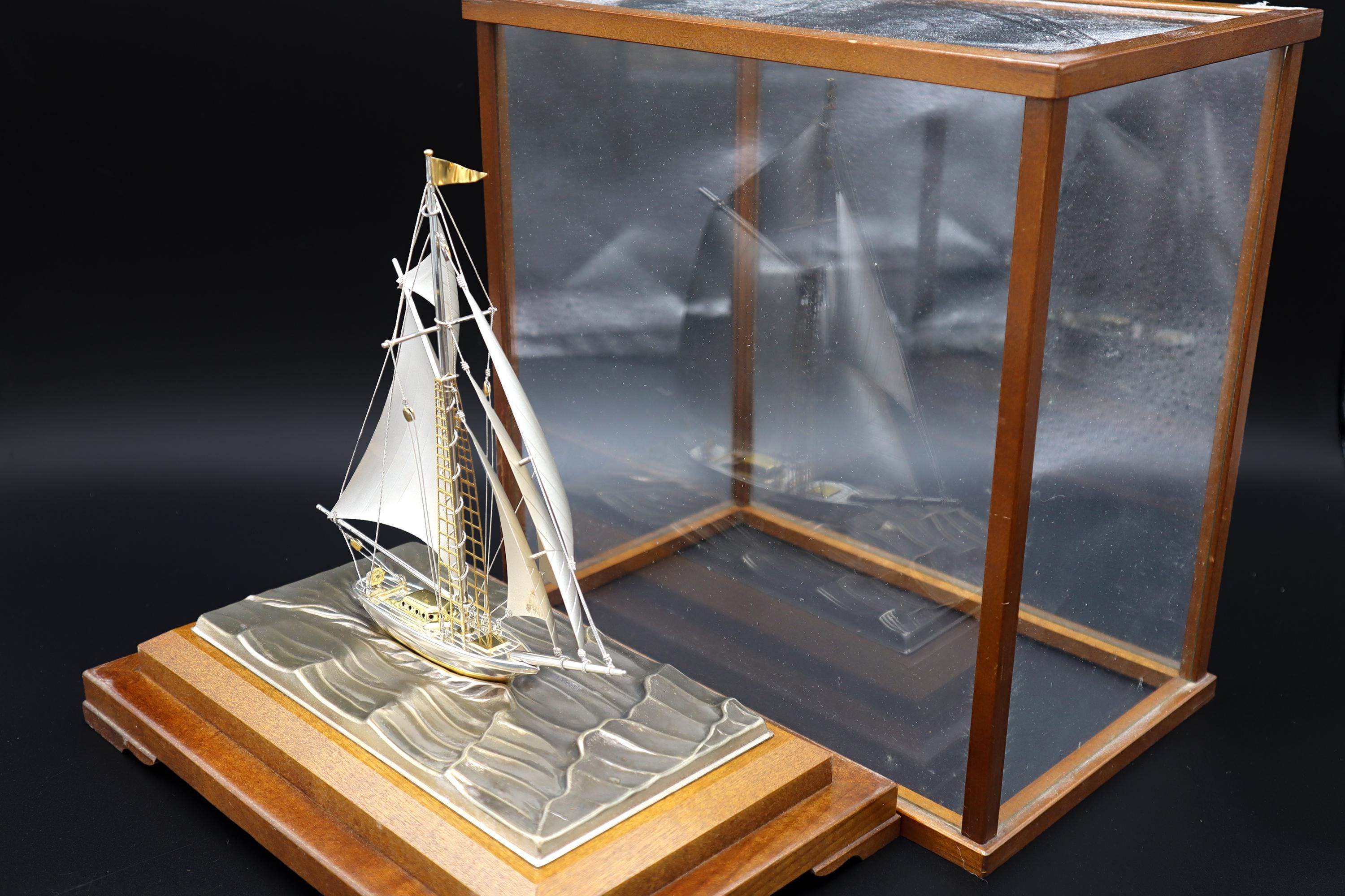 Handmade And Finely Detailed Sterling 960 Silver Model Of A Sailing Ship, Sports Boat Sculpture By Japanese Artist Silversmith Seki Takehiko