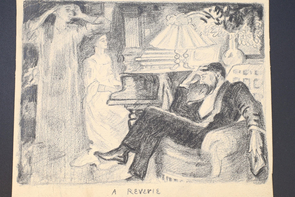 A Reverie, Victorian Parlor Evening With Piano, Antique 1900s Art Nouveau Painting On Paper By Paulo Antonini, Italian American Artist