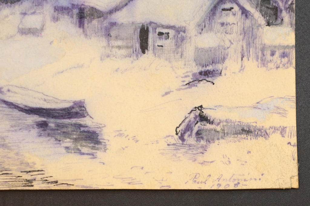 Winter Landscape, Antique 1900s Liberty Style Art By Paulo Antonini, Italian American Artist, Small Paintings Drawings On Paper, Art Nouveau