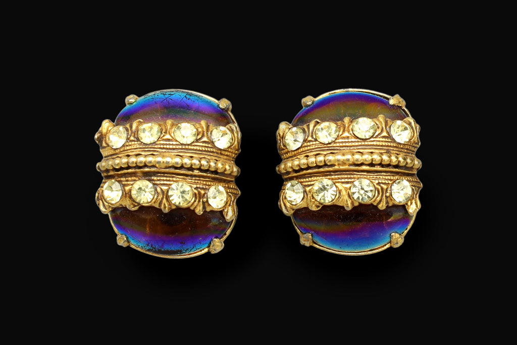 Vintage 1970s Florenza Jewelry, Rare Model, Clip On Earrings With Iridiscente Glass And Clear Rhinestone Accents On Gold Tone Base