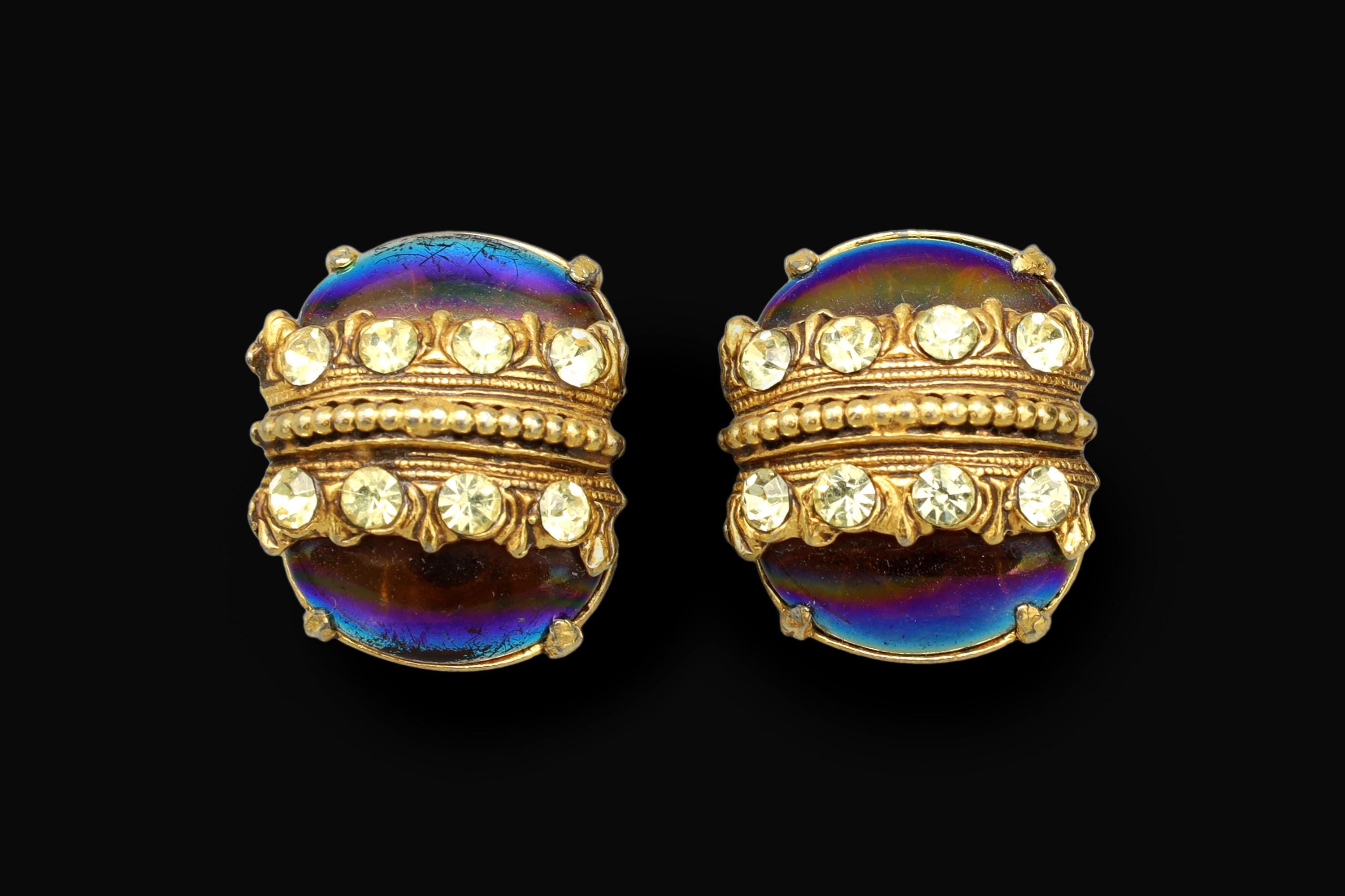 Vintage 1970s Florenza Jewelry, Rare Model, Clip On Earrings With Iridiscente Glass And Clear Rhinestone Accents On Gold Tone Base