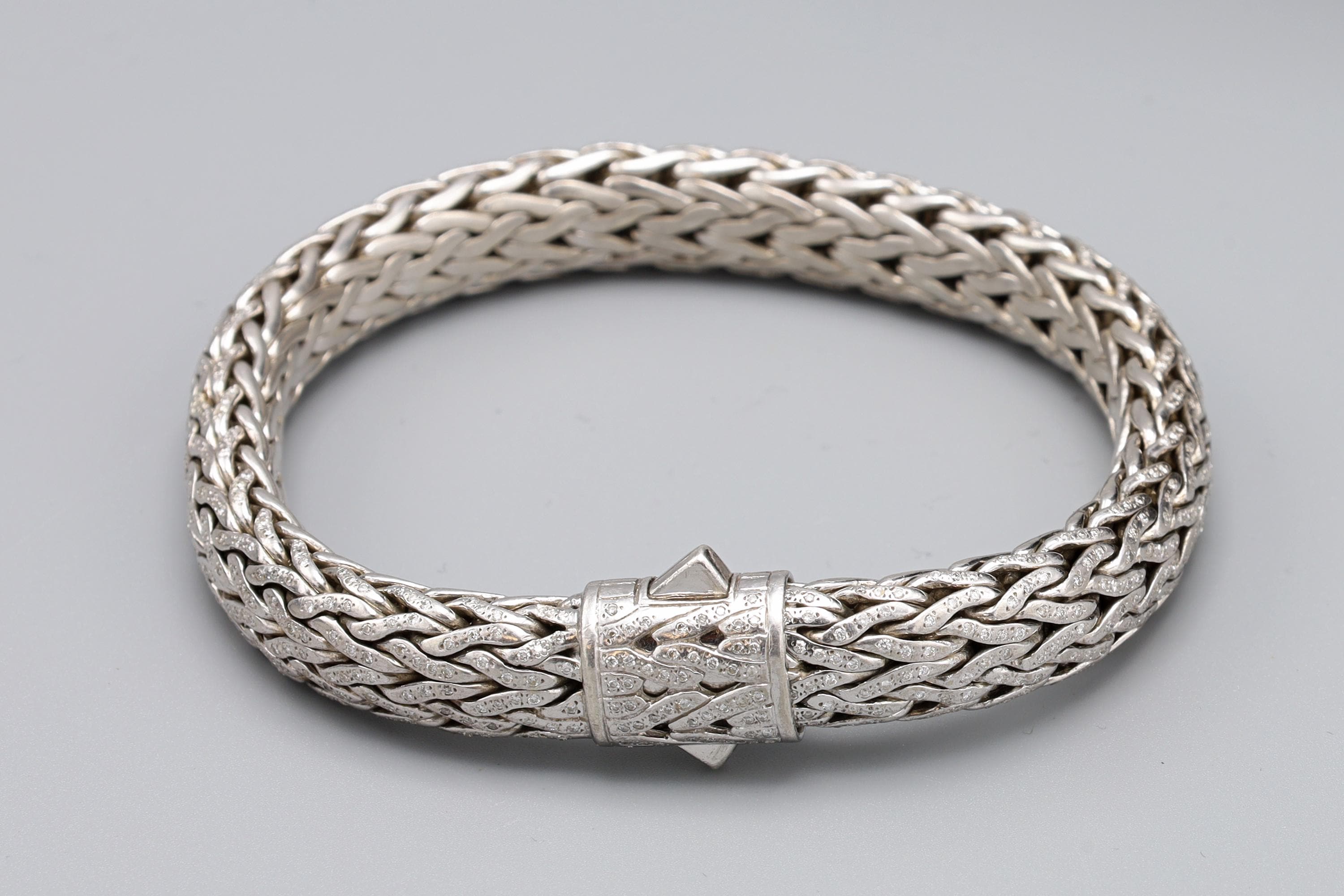 Extra Long, XL Braided Chain Bracelet For Men, 925 Sterling Silver And Pave Clear Diamonds, Vintage Jewelry Tested