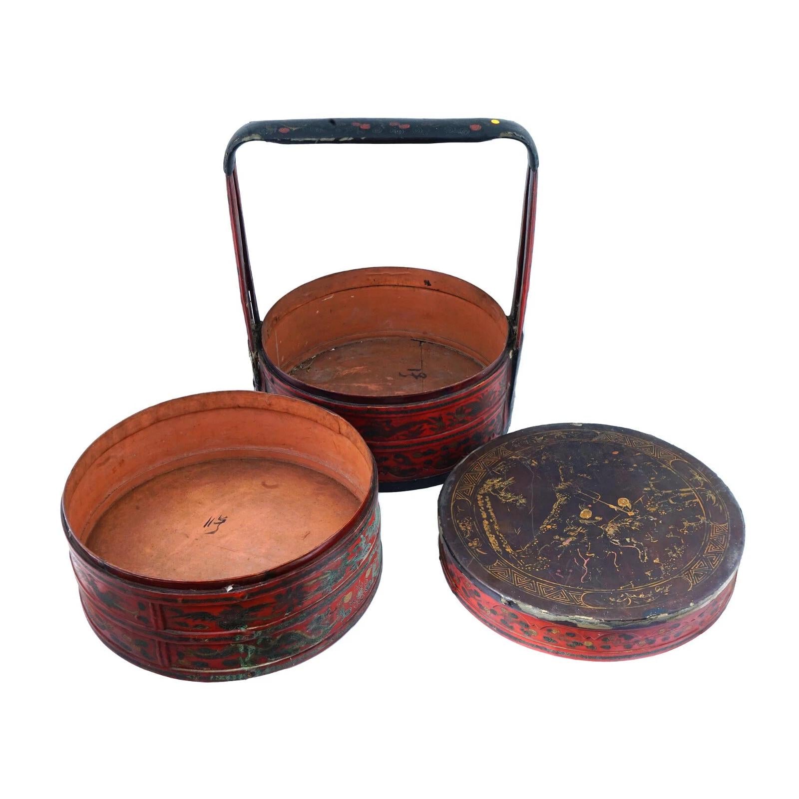 Antique Late 1800s Qing Dynasty Chinese Rice Bucket, Wooden Picnic Red Basket, Wedding Gifts, Hamper With Top Lid, Dry Food Nuts Container
