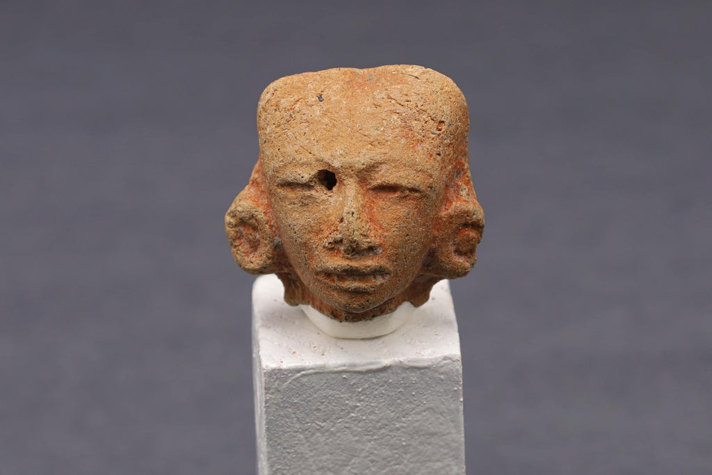 Maya Head Idol With Earrings, PreColumbian Ceramic Figurine, Mayan Campeche Classic Period Circa 950 AD, Prehispanic Mexico Antiquities Art