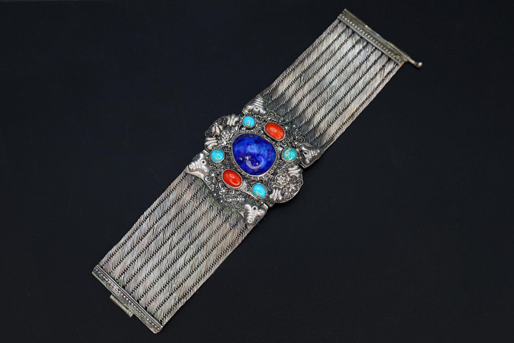 Vintage 1980s Southwestern Americana Jewelry, Wide Sterling Mesh And Gemstones Bracelet