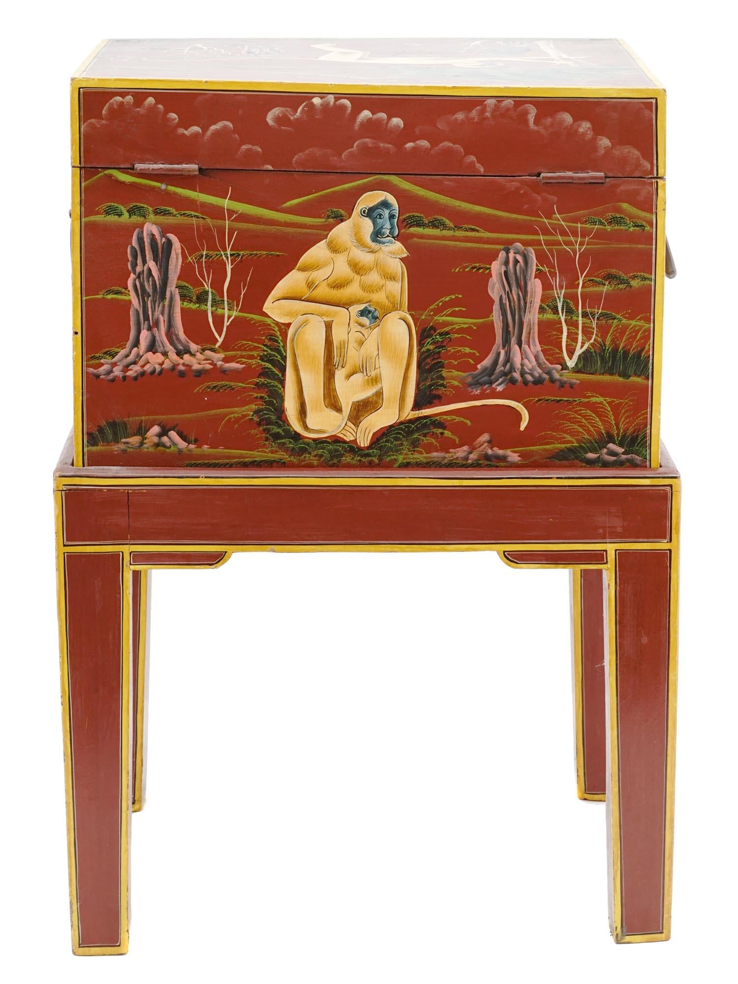 Small Wooden Lidded Cabinet Box Adorned With Oriental Folk Art, Hand Painted Rajasthan Monkeys, Vintage 1970s Chinoiserie Furniture
