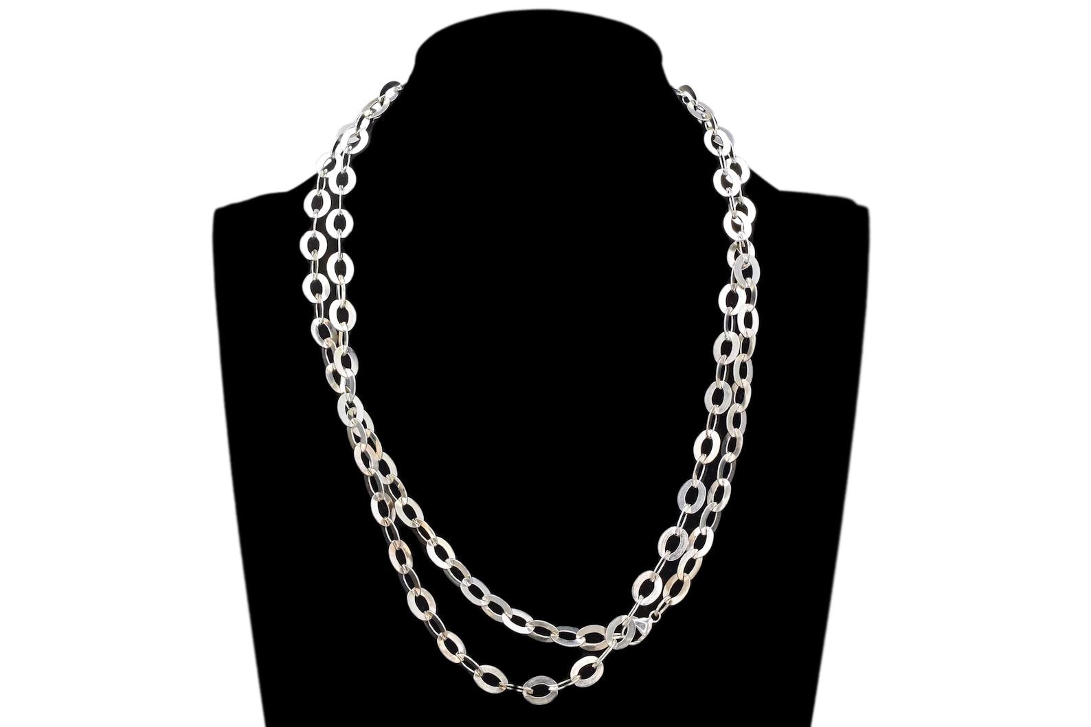 Vintage 1990s Sterling Silver Flat Rolo Chain Necklace, Fashion Jewelry Accessories, Oblongue Link, Extra Long XL Chain Necklace