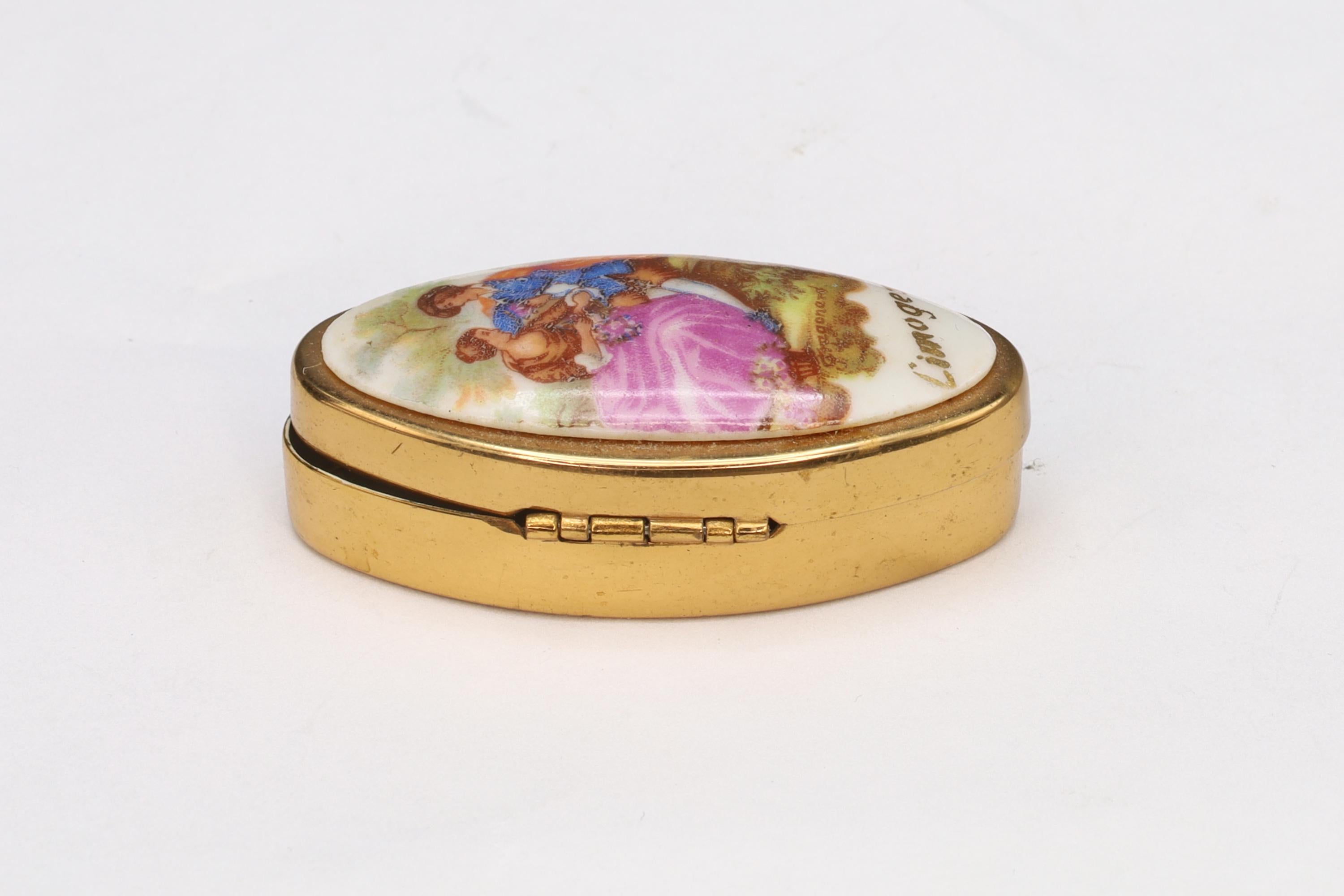 Limoges France, Small Oval Shaped Pill Box, Hand Painted Porcelain And Brass, Mid Century Box In A Rococo Art Style