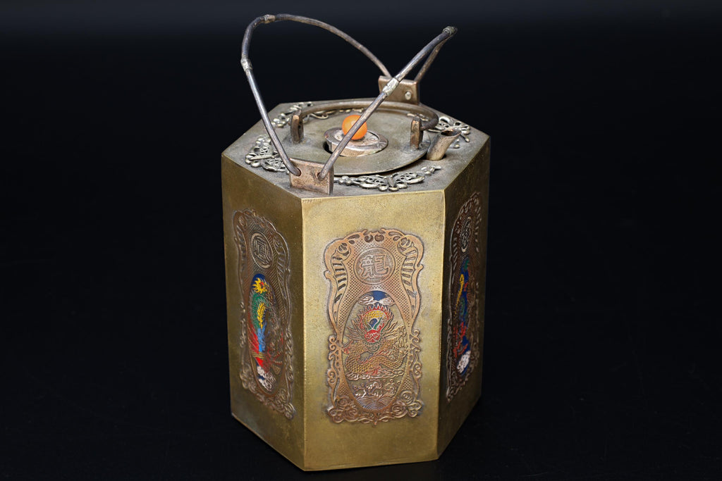 Antique 1900s Chinese Teapot, Used As Sake Warmer Pot Jug, Mixed Metals, Brass And Enamel, Oriental Arts And Crafts, East Asia Decor