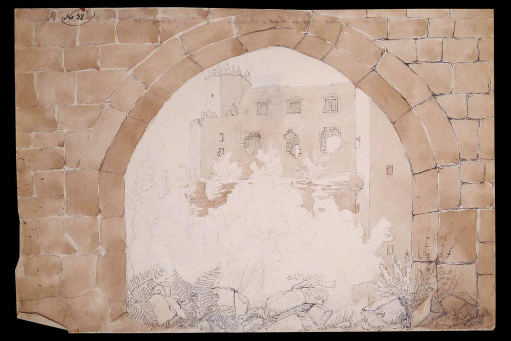 Antique 1830s Baumberg Castle Ruins Mixed Media Art Attributed To Friedrich Eisenlohr. Pencil, Ink Wash And Watercolor Painting On Paper