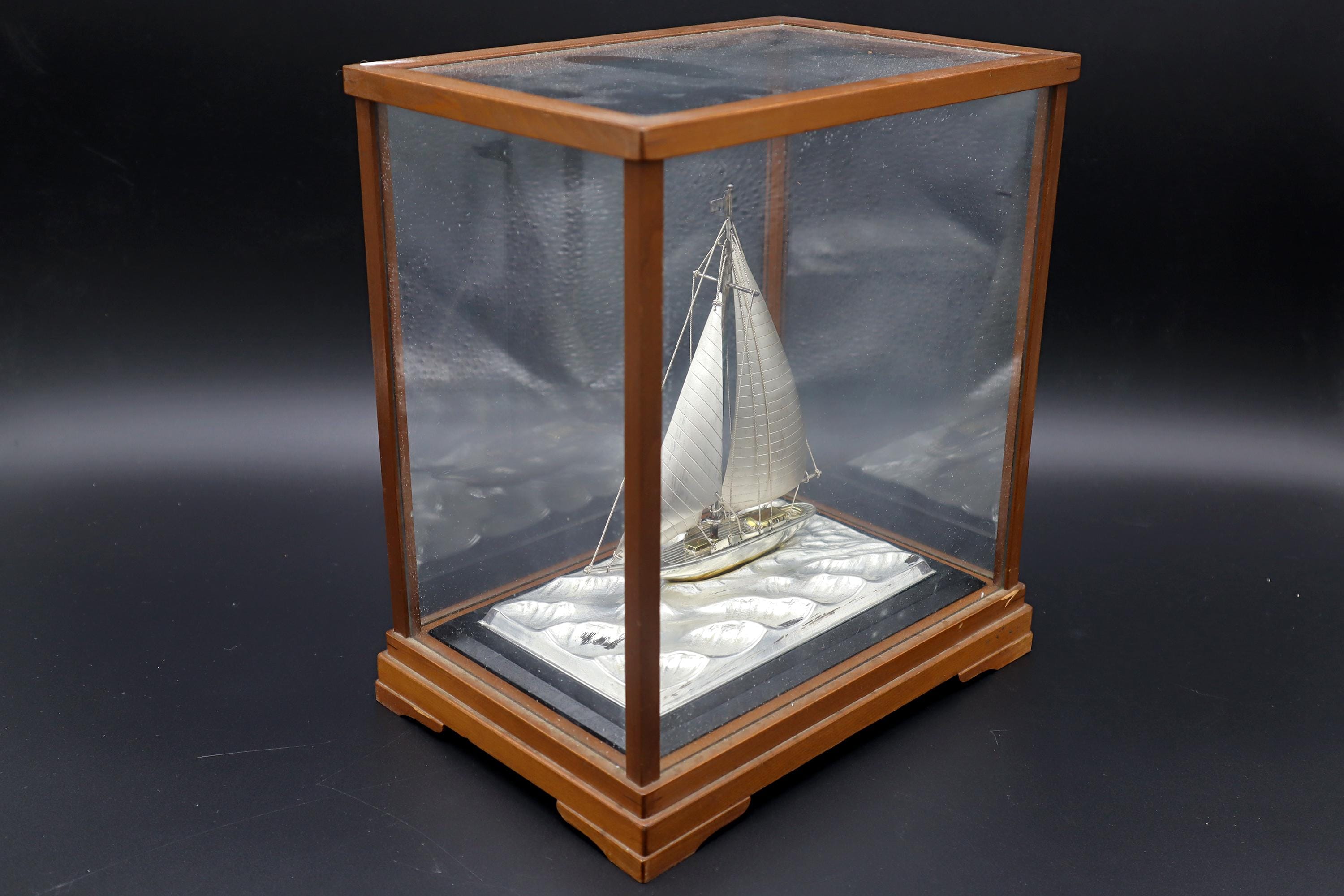 Handmade And Finely Detailed Silver Electroplated Model Of A Sailing Ship, Sports Boat Sculpture By Japanese Silversmith Seki Takehiko
