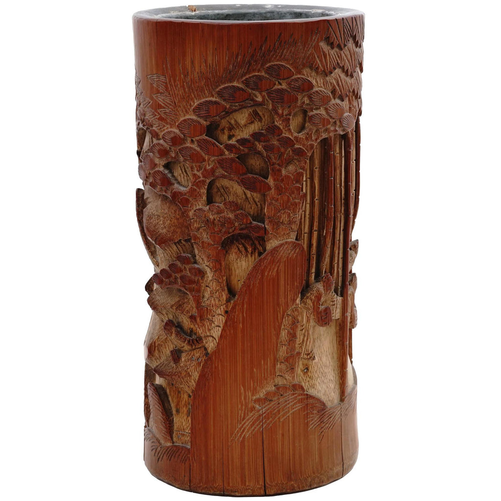 Antique 19th Century Brush Pot, A Vase Crafted From Bamboo Wood And Metal Insert, Chinese Qing Dynasty, Asian Oriental Decoration And Art