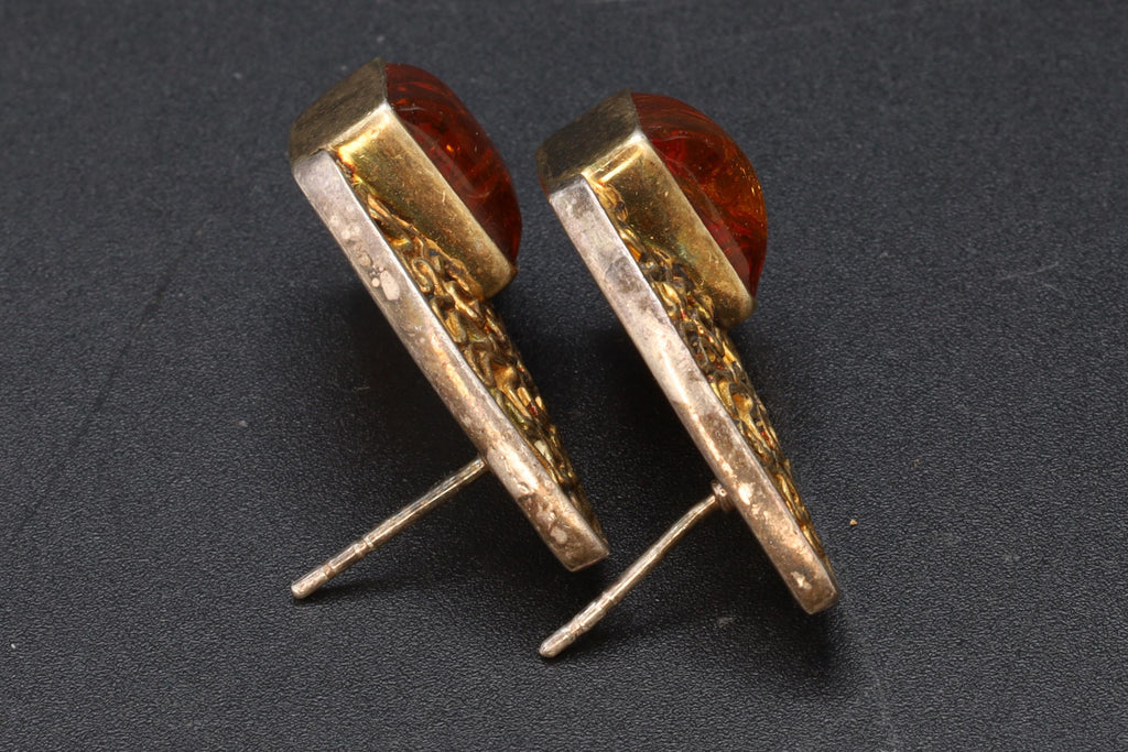Large Stud Earrings, Gilt 925 Sterling Silver And Amber Resin Cabochon, Brutalist Design With Textured Surface, Retro Fashion Accessories