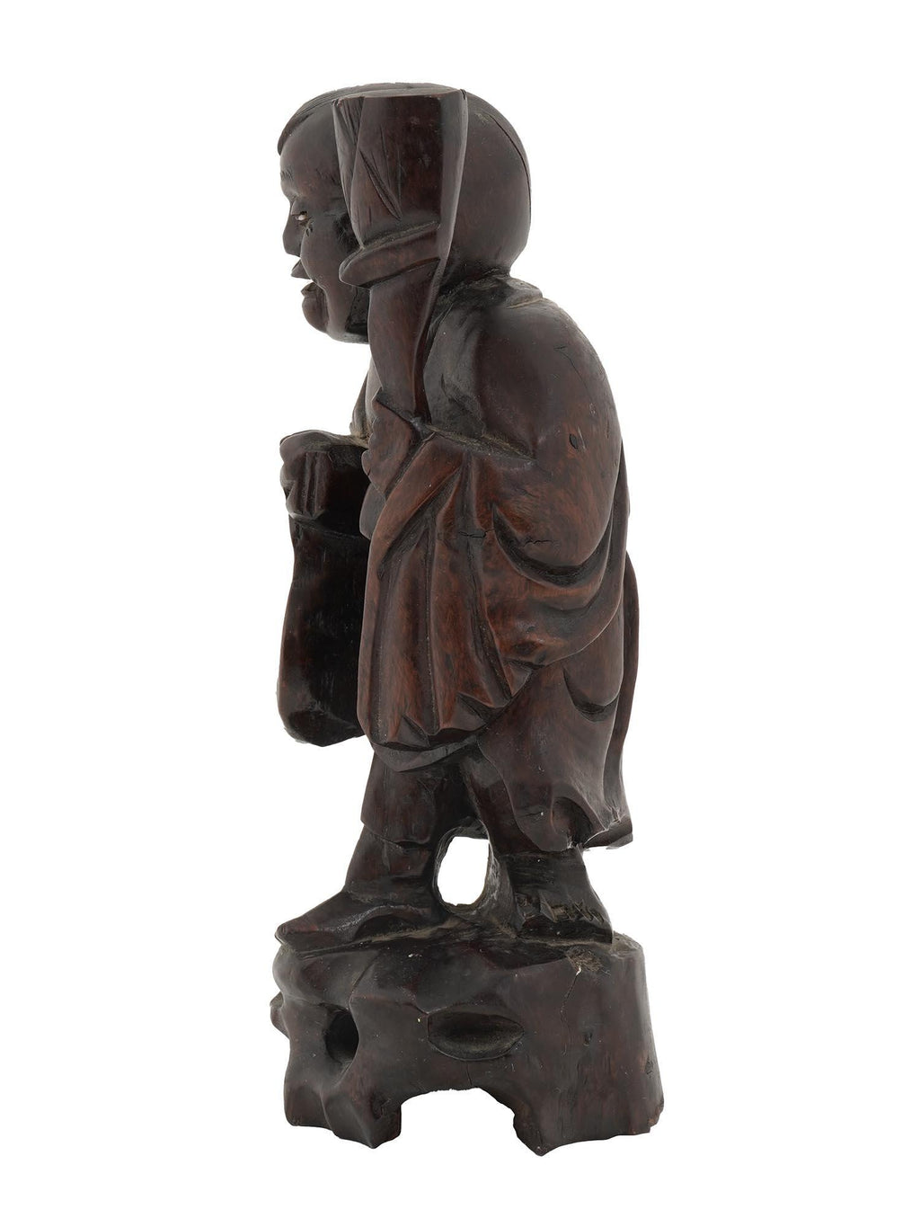 Vintage 1930s Japanese Wood Carved Statuette Of A Young Budai With Lotus Flower. Inlaid Eyes, Oriental Folk Arts And Crafts