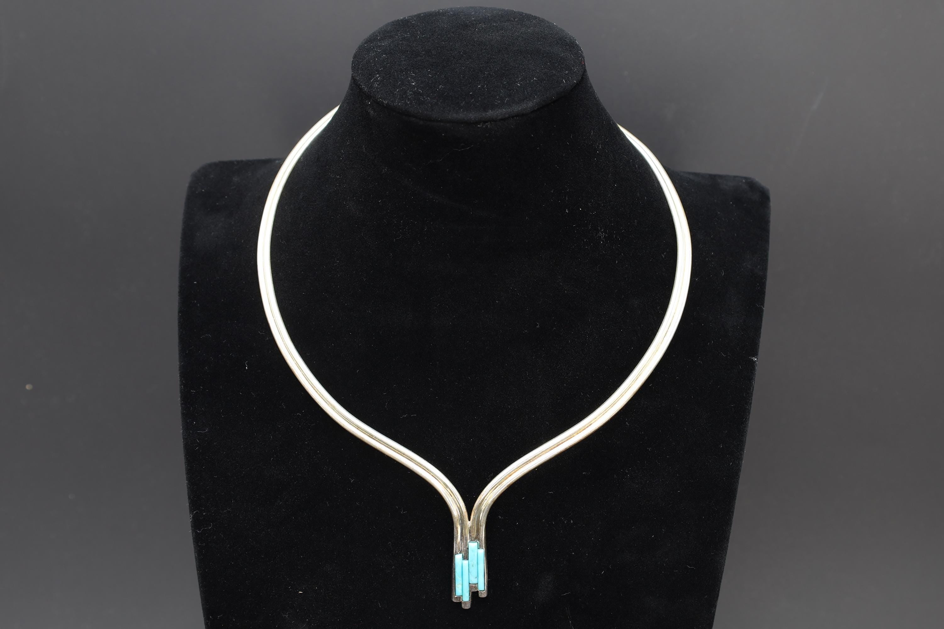 V Shape Collar Necklace With Turquoise Mosaic Accent, 925 Sterling Silver Jewelry, Torc, Jay King, Desert Rose Jewelry, Modernist Fashion