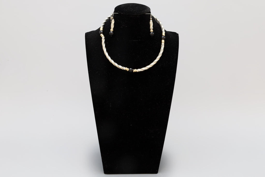 Vintage Jewelry Set, Link Necklace And Dangle Earrings, Sterling Silver, Gold Wash And Jet Black Glass
