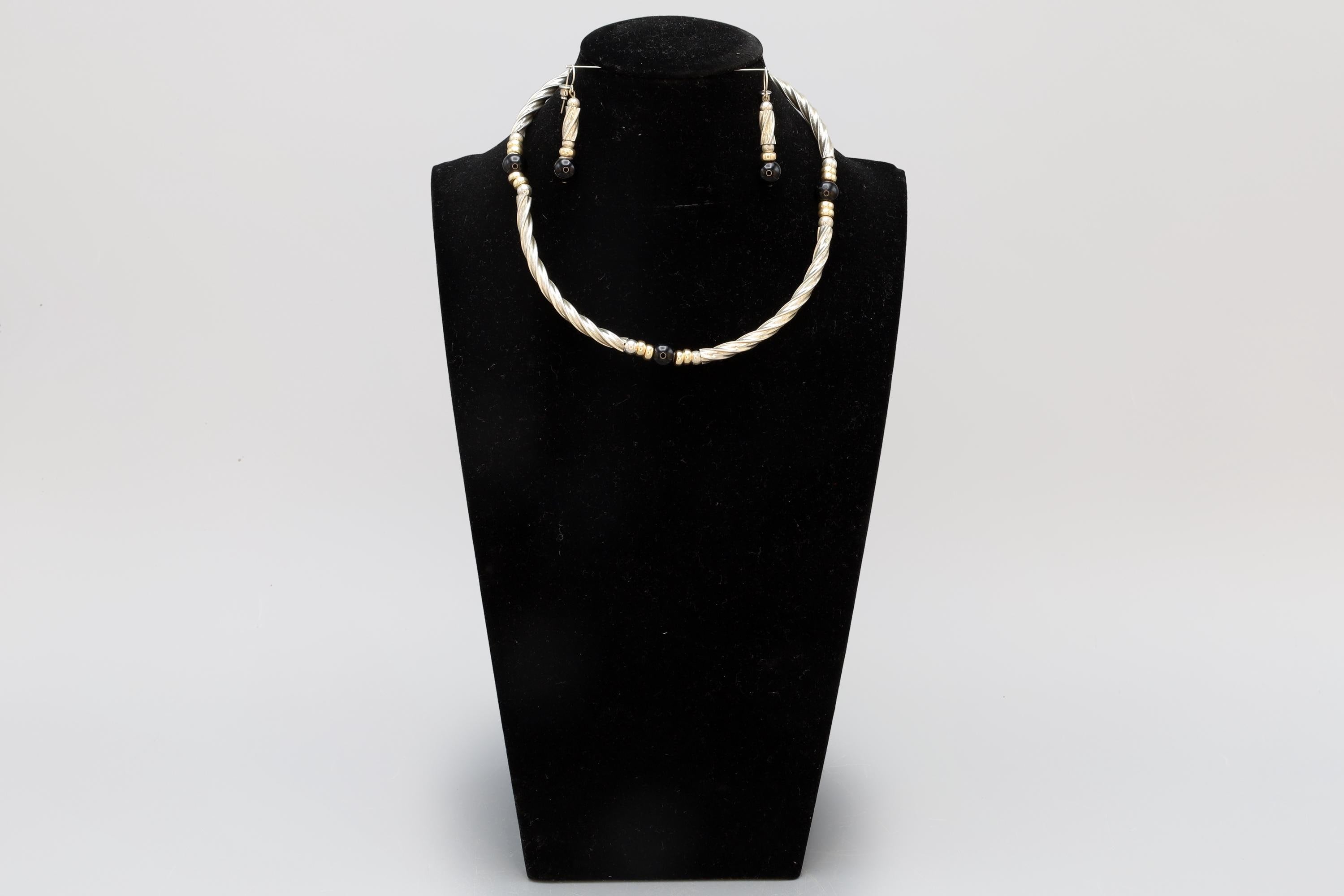 Vintage Jewelry Set, Link Necklace And Dangle Earrings, Sterling Silver, Gold Wash And Jet Black Glass