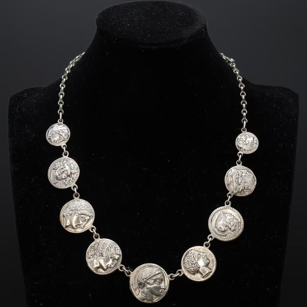 Ancient Greek Coins Necklace, A Vintage 800 Silver Bib Chain Medallion Panel Necklace From Germany, Circa 1960s Fashion Jewelry Accessories
