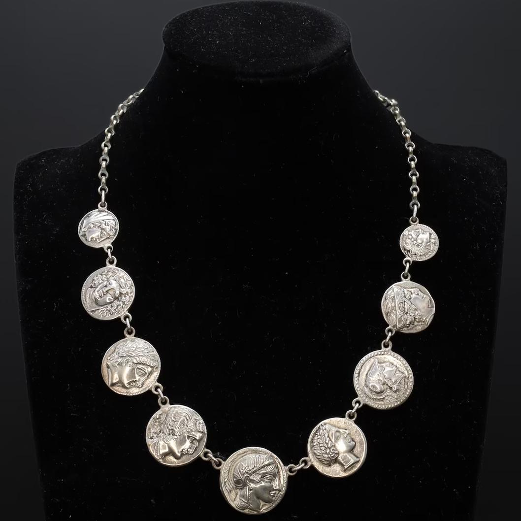 Ancient Greek Coins Necklace, A Vintage 800 Silver Bib Chain Medallion Panel Necklace From Germany, Circa 1960s Fashion Jewelry Accessories