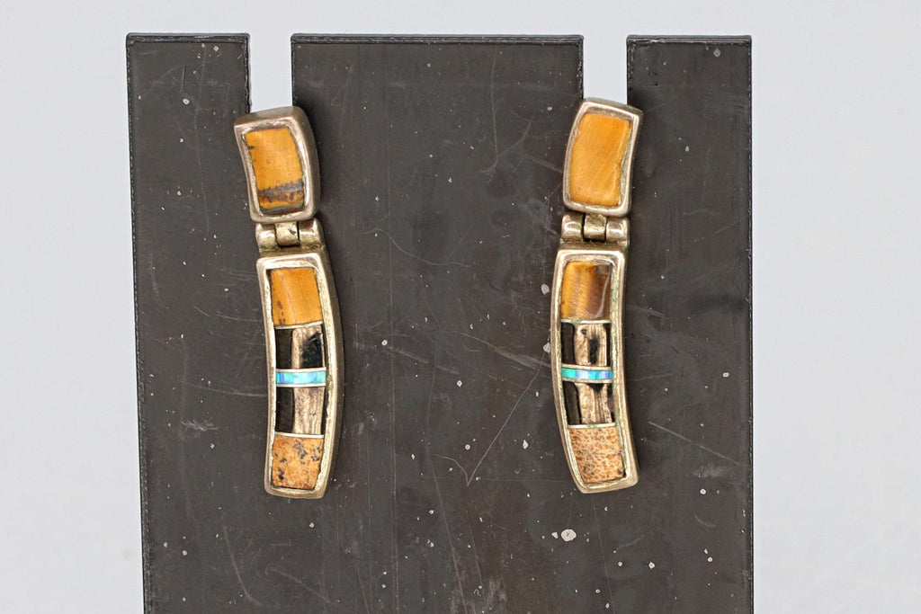 Vintage 1990s Multistone Mosaic Dangle Earrings, Zuni Native American Style Jewelry, 925 Sterling Silver And Jasper, Onyx, Opal