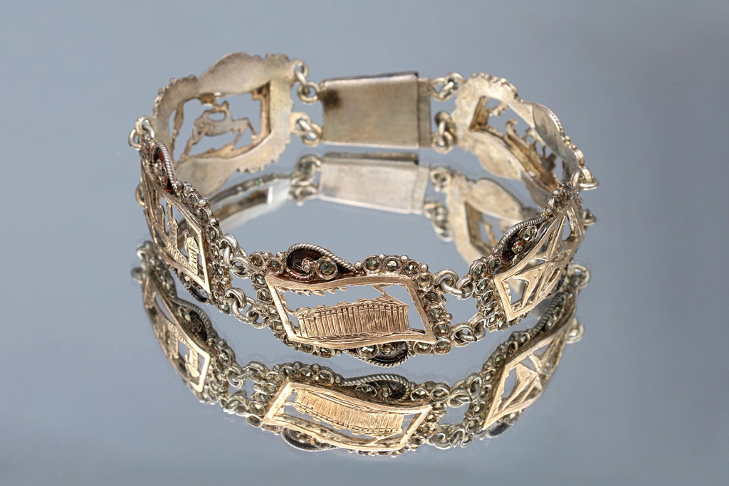 Art Deco Panel Bracelet, 900 Silver And Rose Gold. Greek Jewelry From The Mid Century, Landmarks Of Greece And Aegean Islands, Marcasite