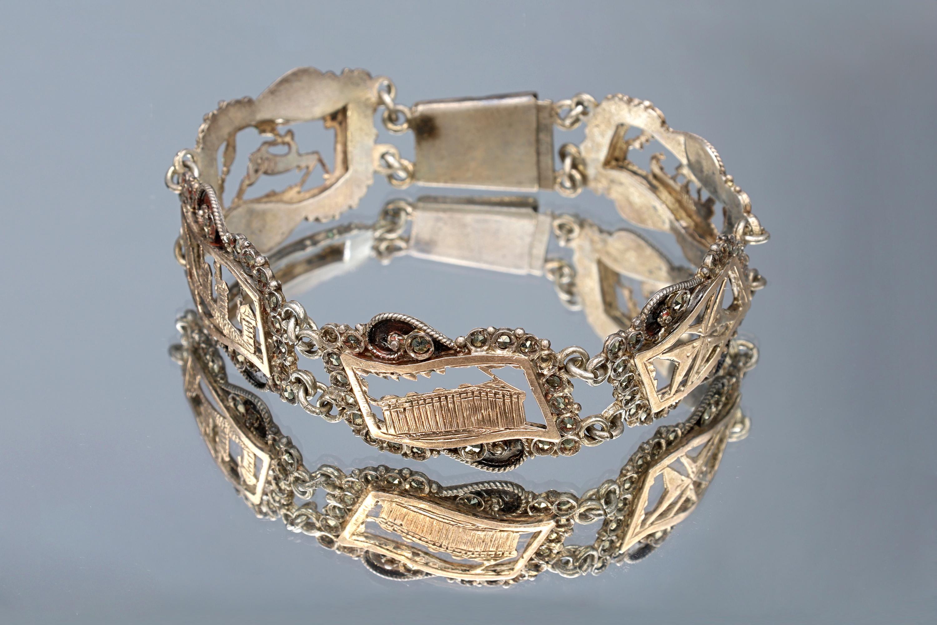 Art Deco Panel Bracelet, 900 Silver And Rose Gold. Greek Jewelry From The Mid Century, Landmarks Of Greece And Aegean Islands, Marcasite