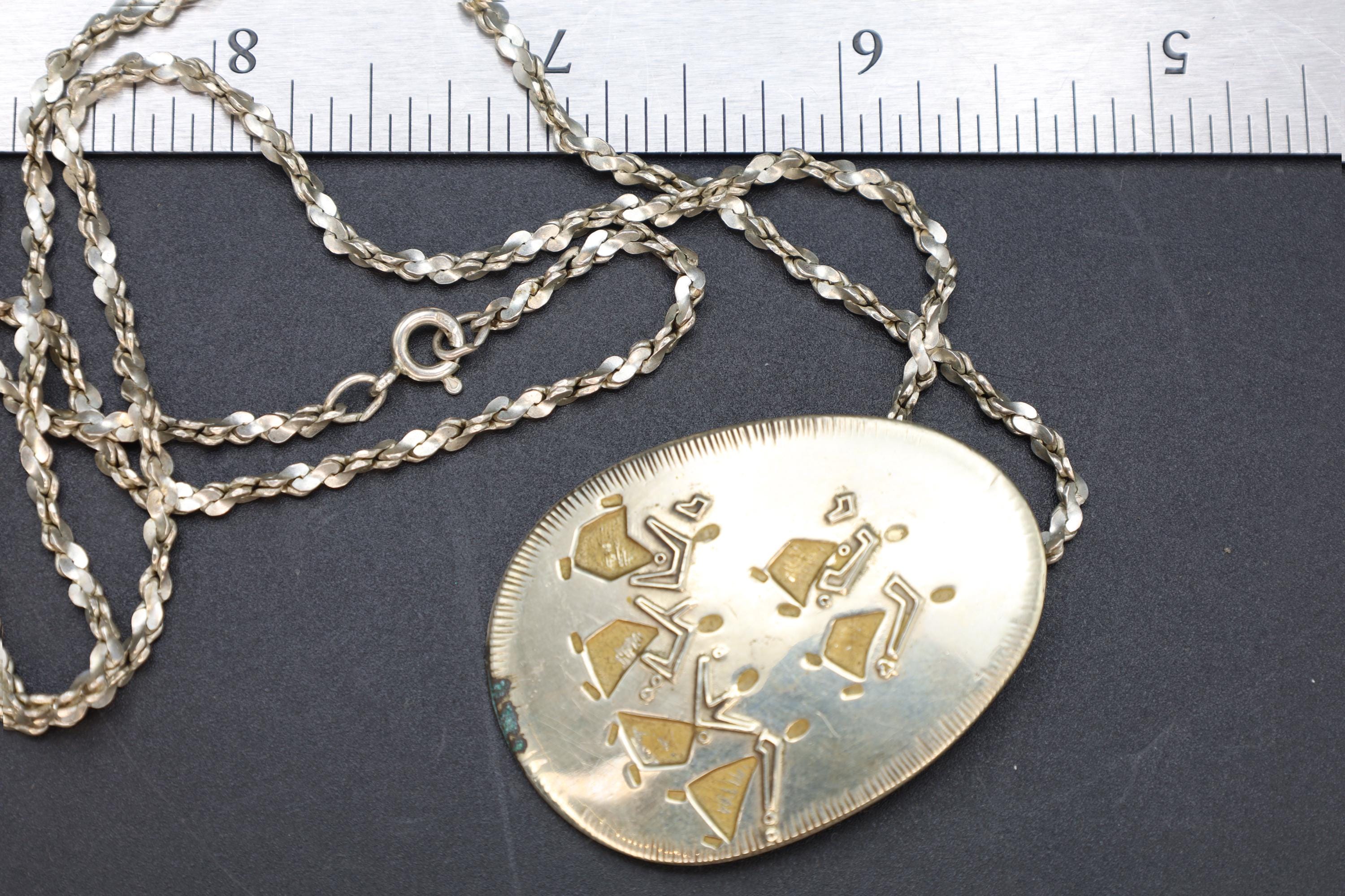 Michael Katz Israel, Sing and Rejoice, Dancing Figures On A Pendant Brooch With Twisted Rope Chain, Mid Century Mod Fashion Accessories