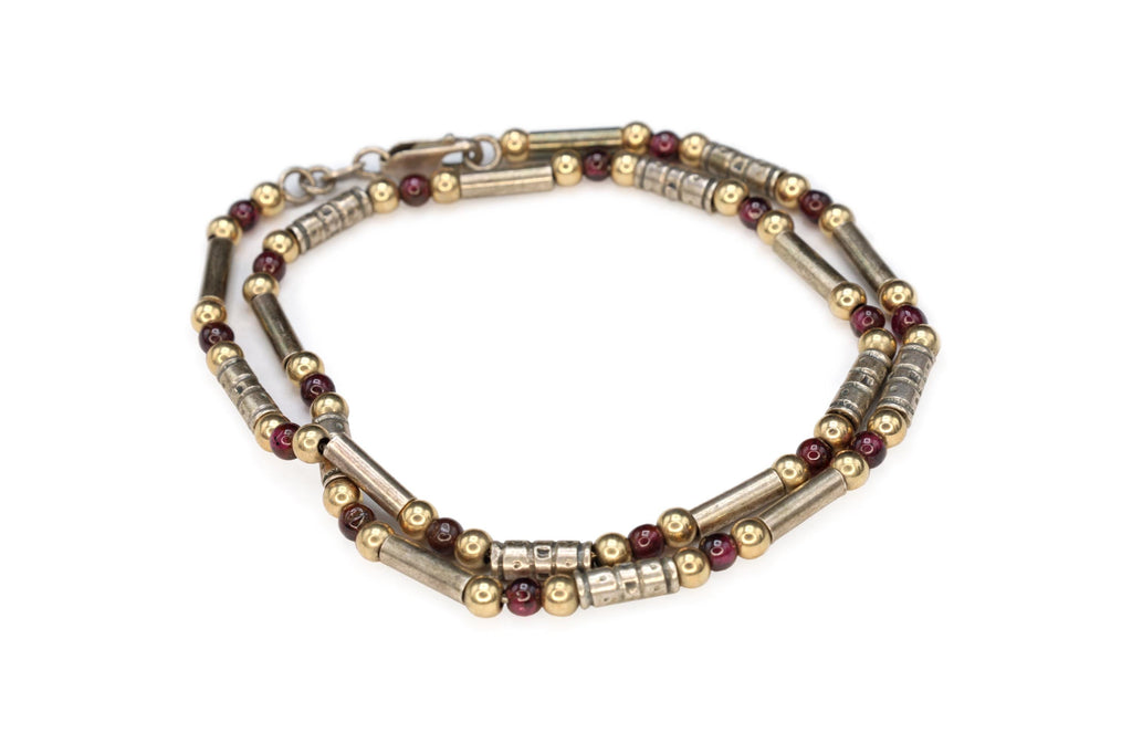Modernist Bar Ball Chain Necklace, 925 Sterling Silver, Gold Wash And Pink Red Garnet, 16 inches Length Specialty Chain, Fashion Link Collar
