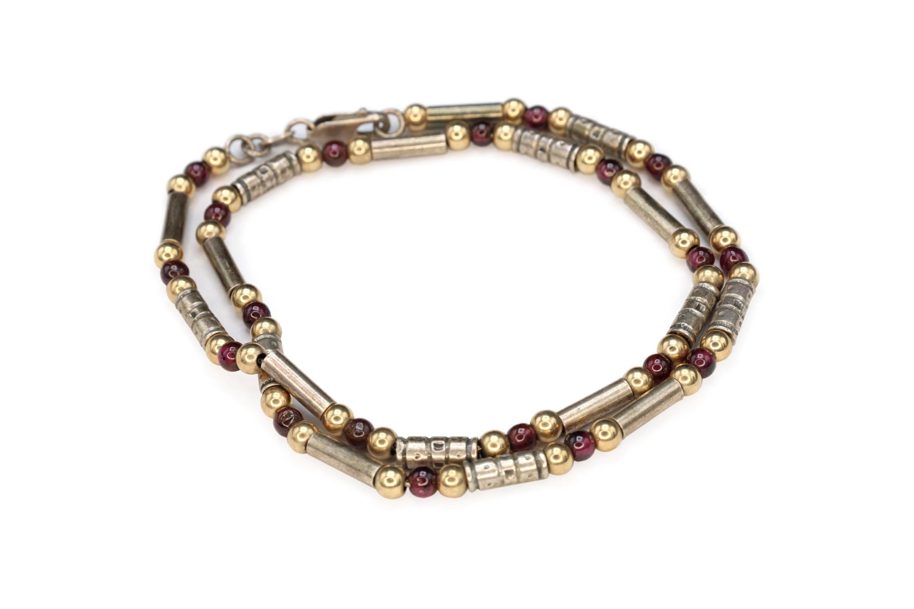 Modernist Bar Ball Chain Necklace, 925 Sterling Silver, Gold Wash And Pink Red Garnet, 16 inches Length Specialty Chain, Fashion Link Collar