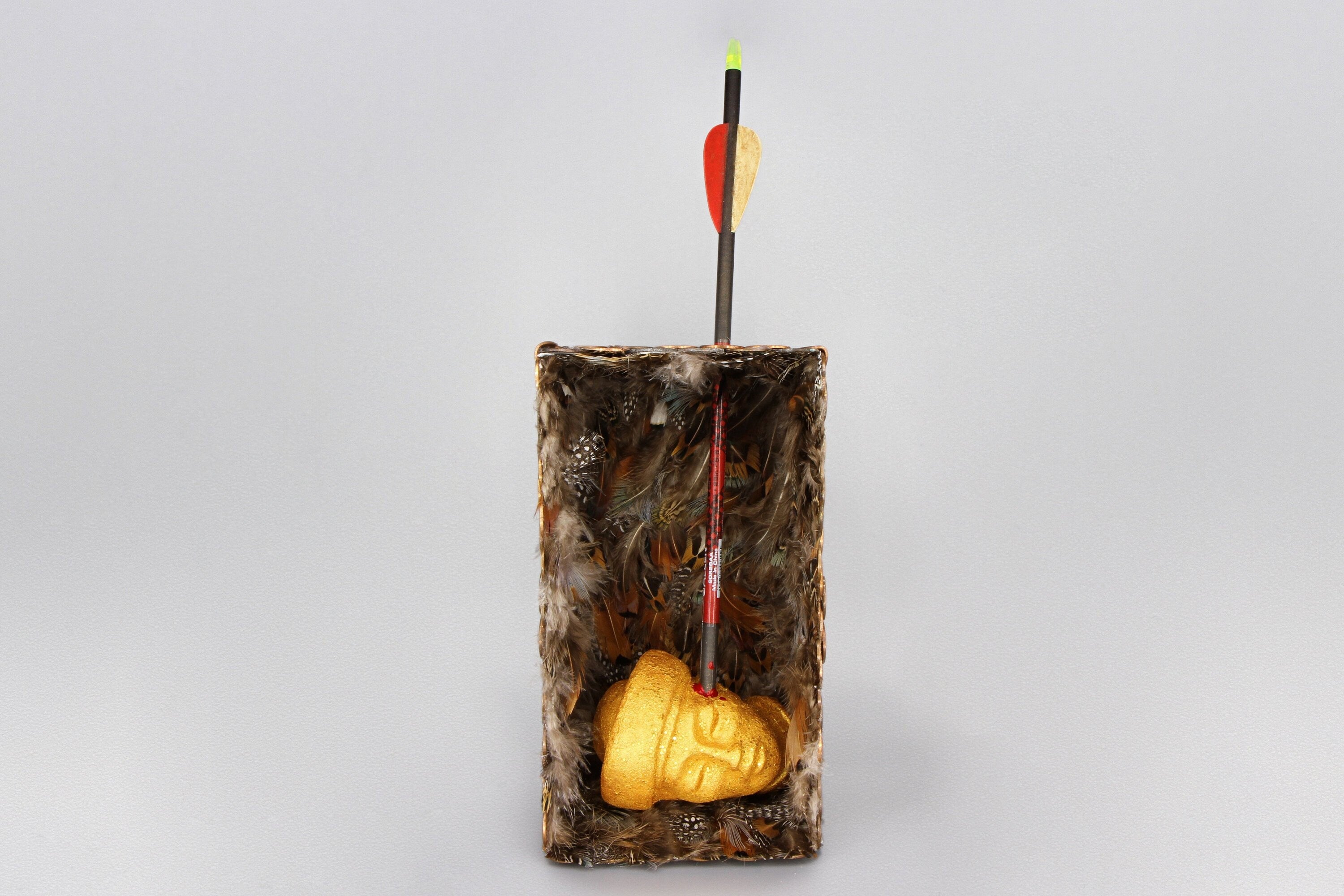 Saint Sebastian Martyr, Mixed Media Assemblage Sculpture, Rustic Surreal Diorama Box, American Penny Coins Box Diorama Theatre Art Sculpture