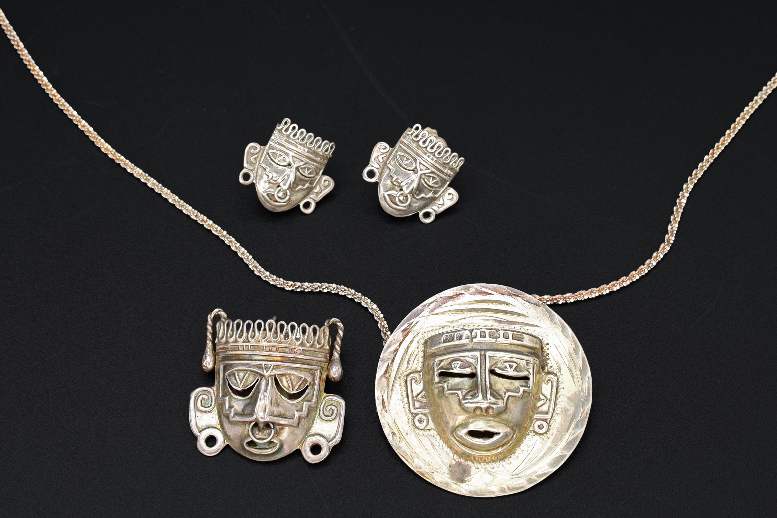 Taxco Mexico Jewelry Set, Pendant Necklace, Brooch, Matching Earrings, Warrior Aztec Mask In Art Deco Style, Vintage 1940s Sterling Silver