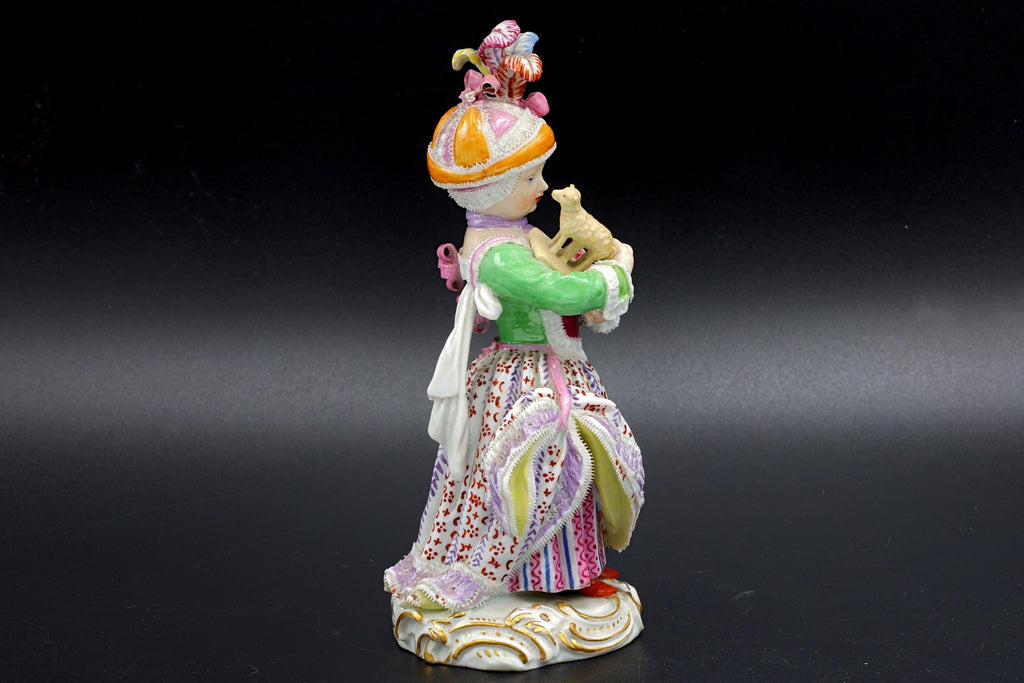 Antique Meissen Porcelain Art Figure Of A Young Girl With Toy Lamb And Feathered Cap. Folk European Farm Lady, 19th Century Germany