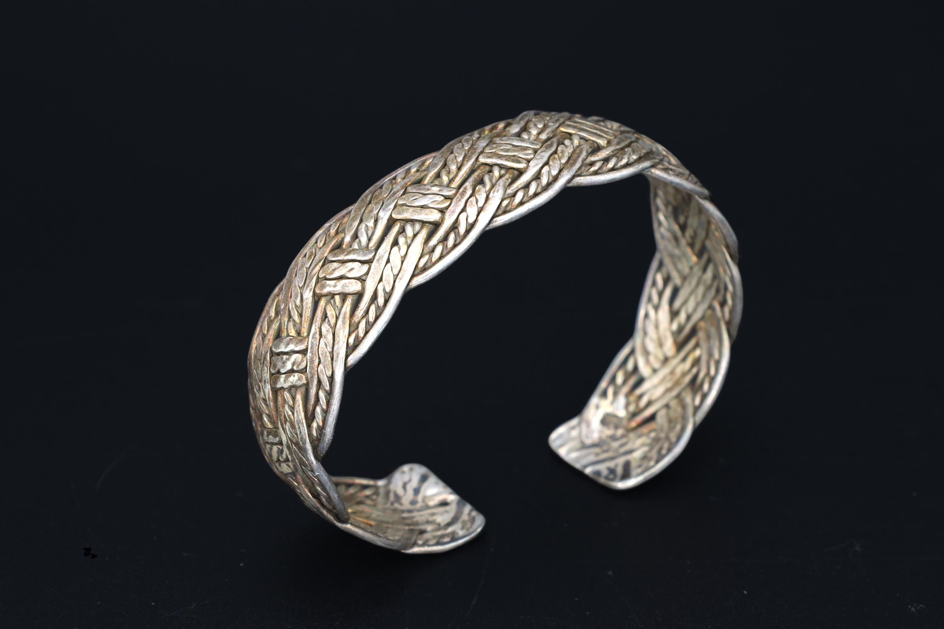 Handmade Cuff Bracelet, 925 Sterling Silver Cuff Bangle With Braided Design. Vintage Unisex Jewelry, Boho Fashion Accessories