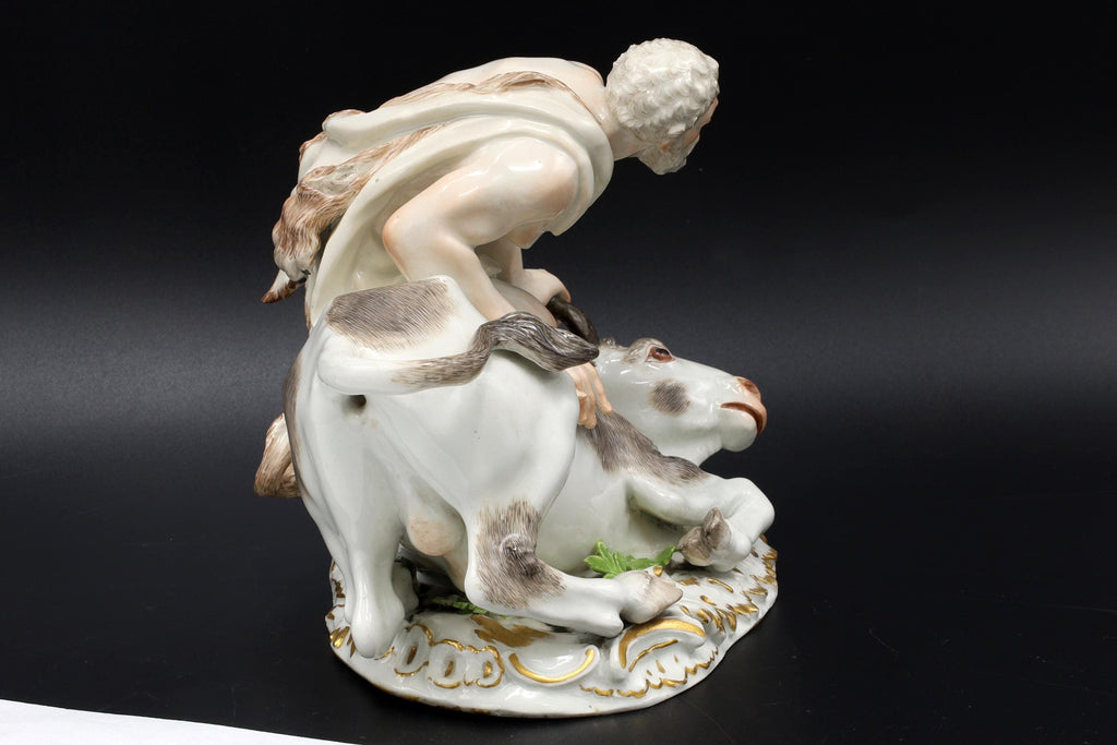 Antique Meissen Porcelain Figure, Hercules Capturing the Cretan Bull, Germany 18th Century Art. Rare Piece