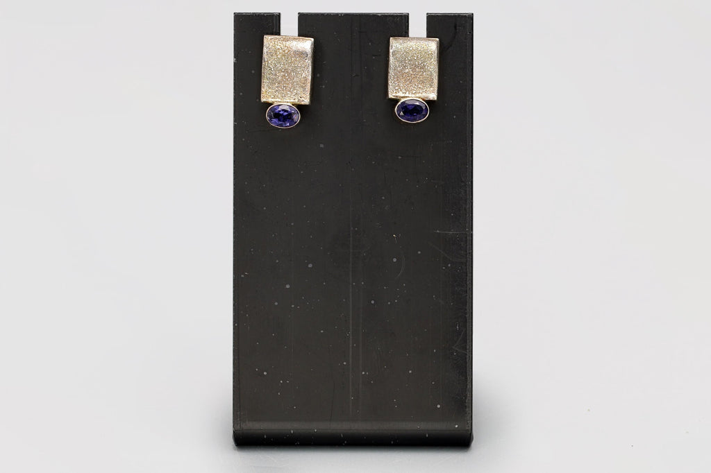 Vintage Stud Earrings, 925 Sterling Silver And Faceted Amethyst Cabochons, Fashion Jewelry