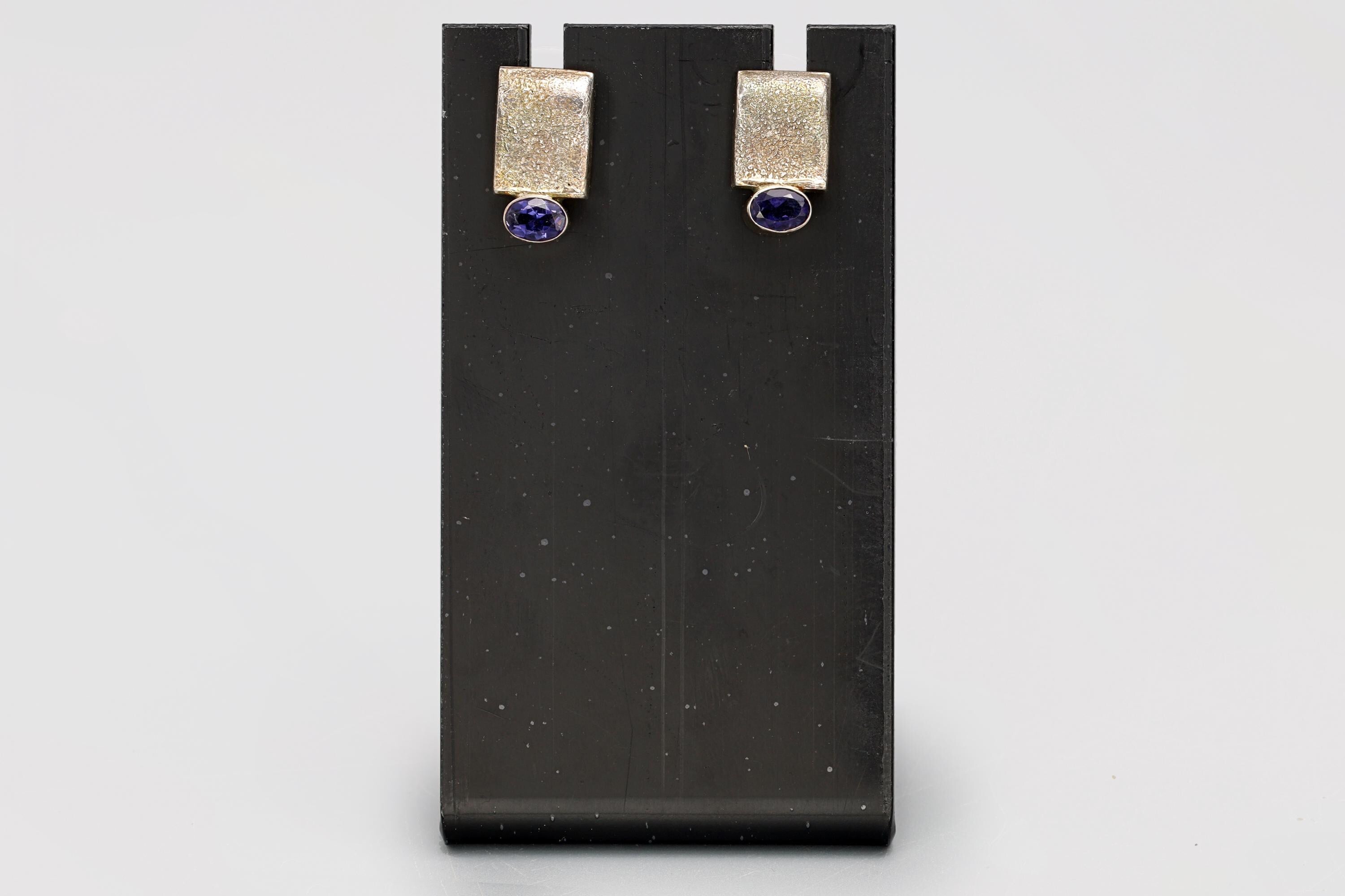Vintage Stud Earrings, 925 Sterling Silver And Faceted Amethyst Cabochons, Fashion Jewelry