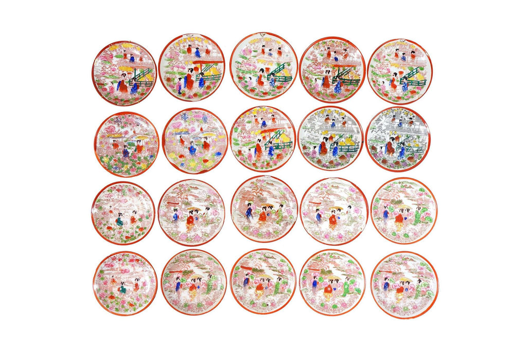 Group of 20 Twenty Kutani Saucer Dish Plates For Decoration, Japan Mid Century Porcelain Exports, Hand Painted Oriental Art