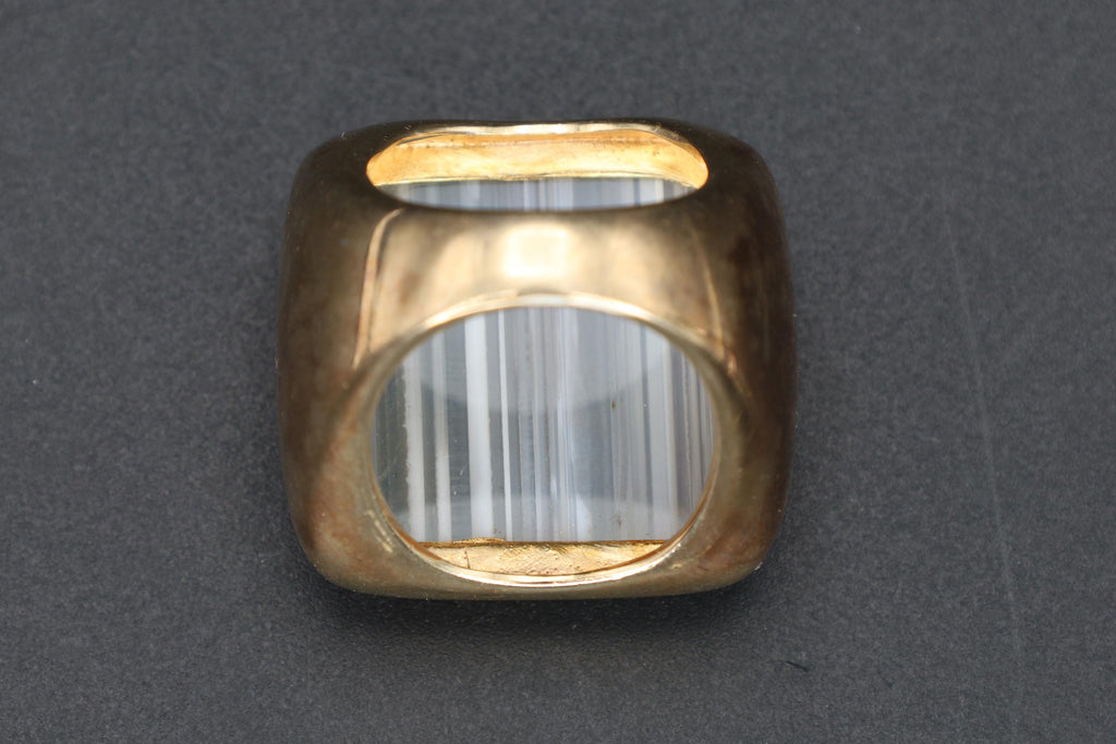 Banded Agate, Sterling Silver And Gold Wash Ring Size 6 USA Charts, Bold Statement Ring With Hallmarks, Lace Agate In Square Shape, Jewelry