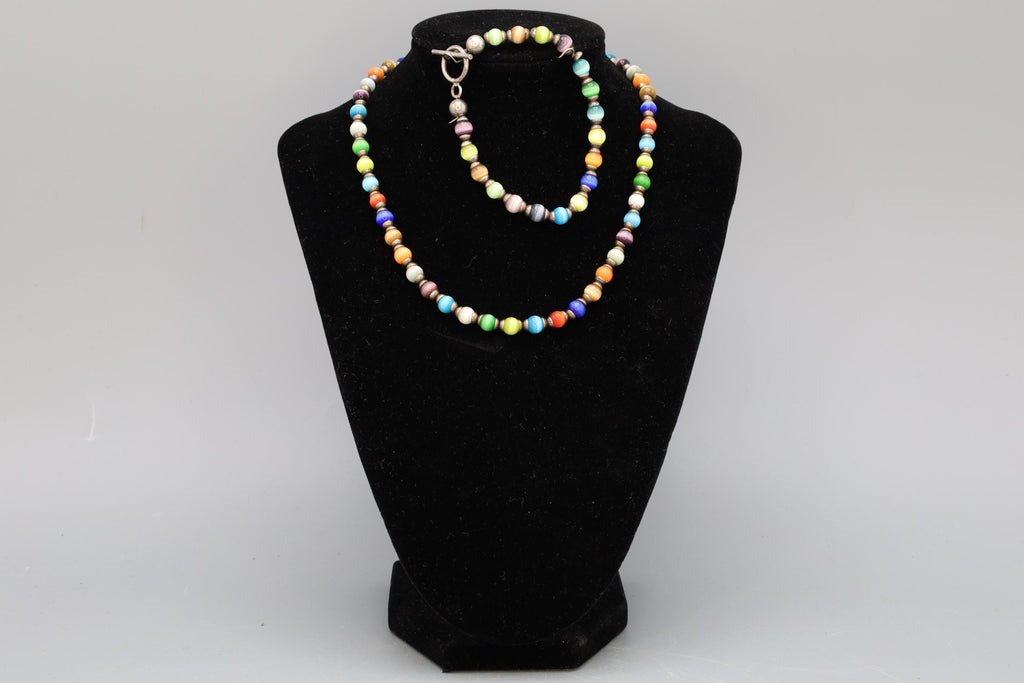 Rainbow Cats Eye Glass Necklace And Bracelet, Mexico 925 Sterling Silver, Ball Beads With Round Cap End Capsule Link, Modernist Jewelry Set