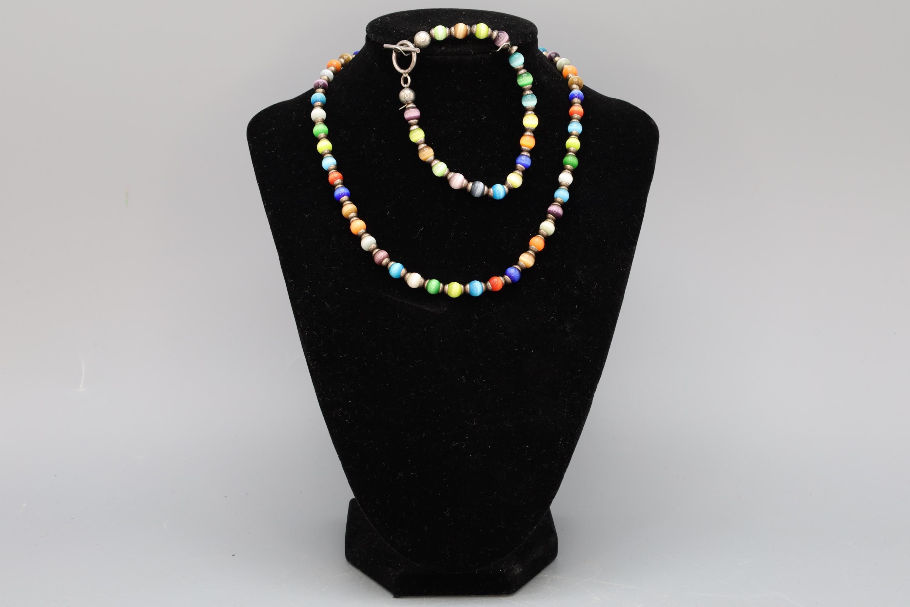 Rainbow Cats Eye Glass Necklace And Bracelet, Mexico 925 Sterling Silver, Ball Beads With Round Cap End Capsule Link, Modernist Jewelry Set
