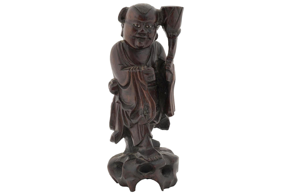 Vintage 1930s Japanese Wood Carved Statuette Of A Young Budai With Lotus Flower. Inlaid Eyes, Oriental Folk Arts And Crafts