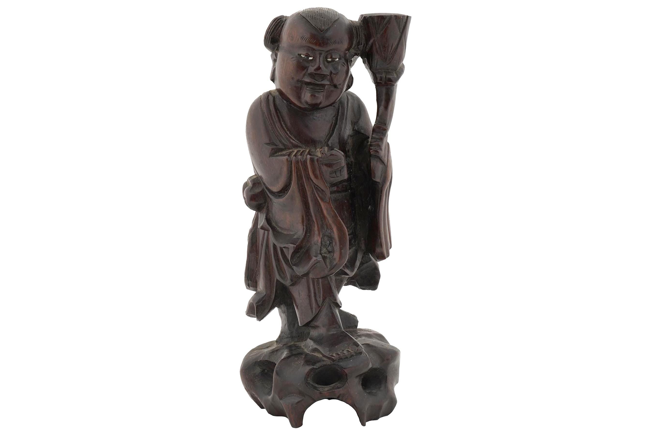 Vintage 1930s Japanese Wood Carved Statuette Of A Young Budai With Lotus Flower. Inlaid Eyes, Oriental Folk Arts And Crafts