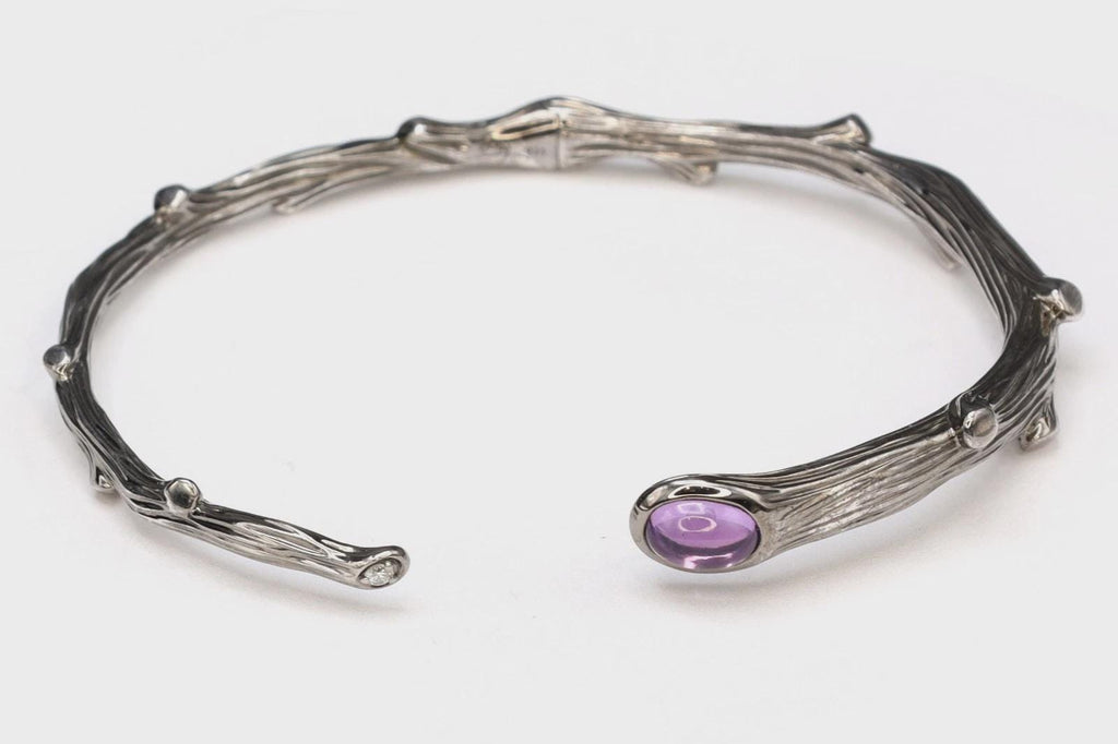 Vintage Michael Aram Cuff Bracelet, The Enchanted Forest Collection, 925 Sterling Silver With Purple Amethyst And Clear Diamond