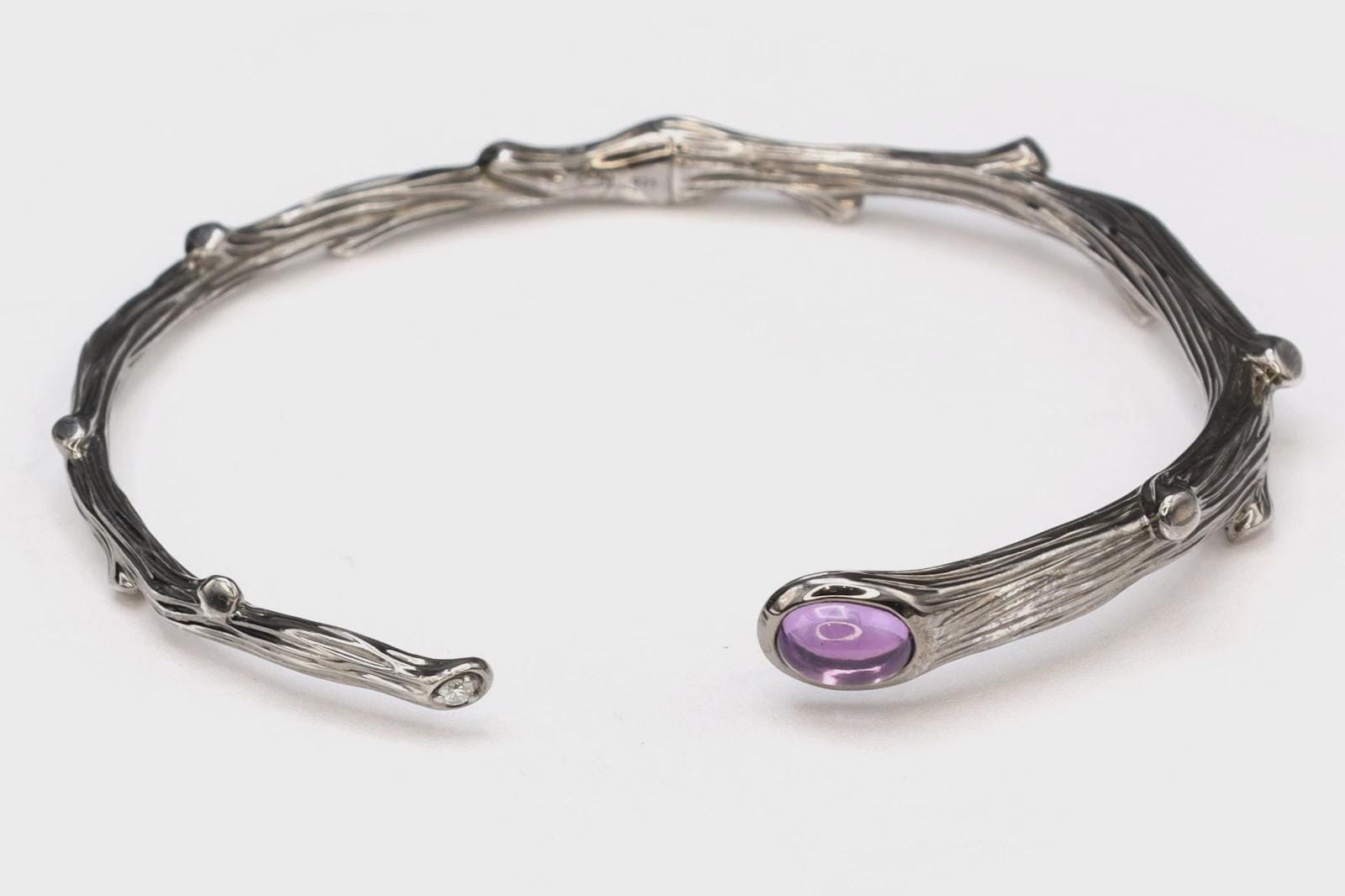 Vintage Michael Aram Cuff Bracelet, The Enchanted Forest Collection, 925 Sterling Silver With Purple Amethyst And Clear Diamond