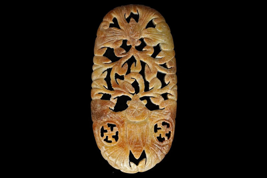 Vintage 1980s Slab Pendant With Cicada, Hand Carved Jadeite LIKE Stone, Oriental Chinese Art, Feng Shui, Good Luck Amulets Jewelry
